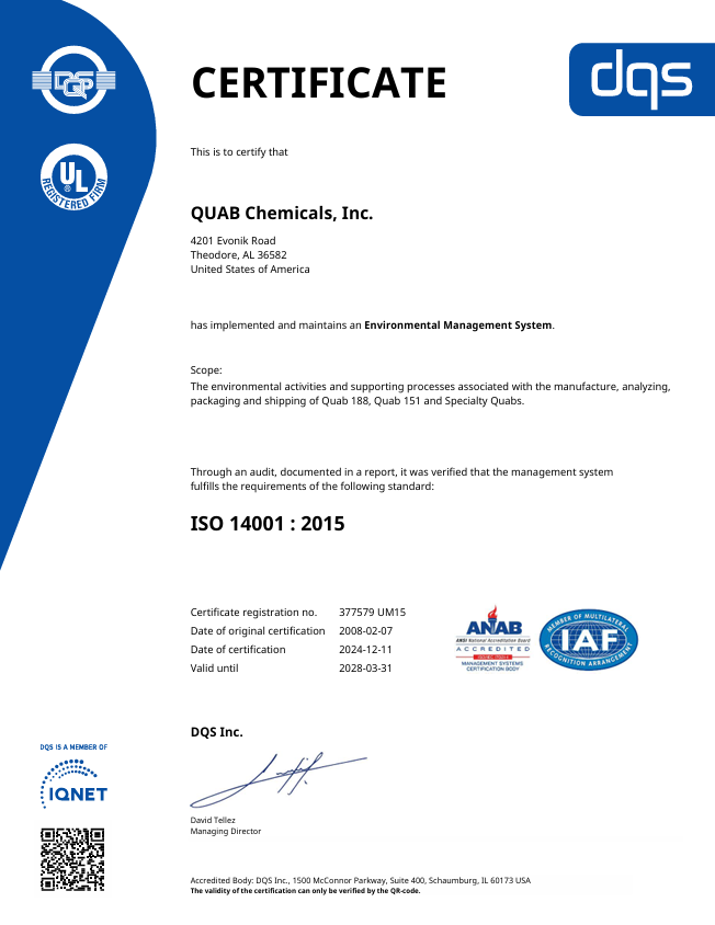 Quab Chemicals Environmental Engineering ISO Certification